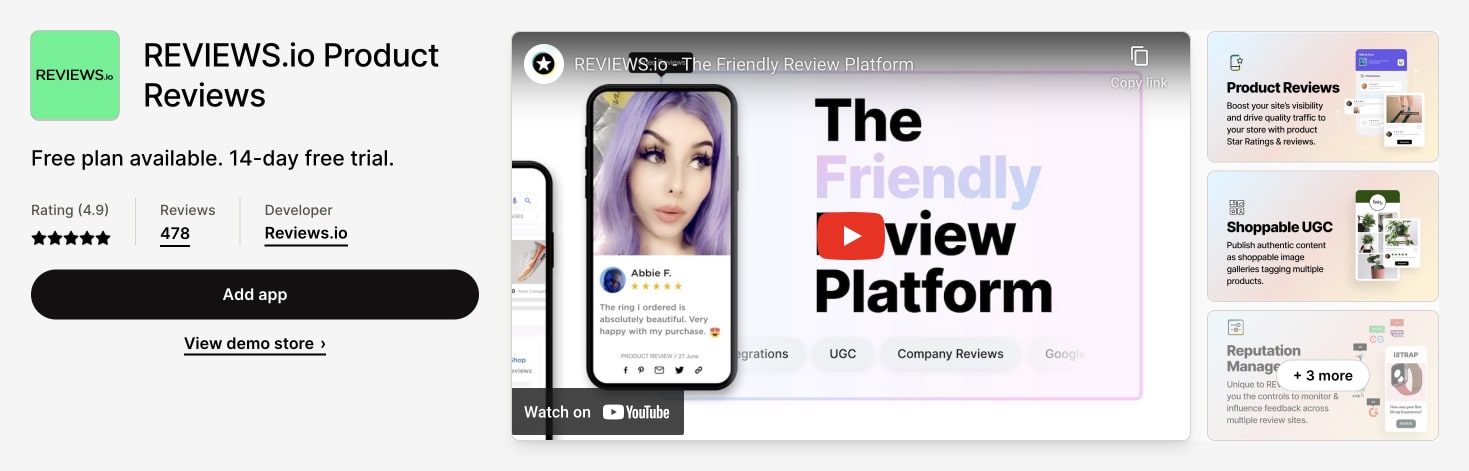 Reviews.io Shopify App Store Print Screen as one of the Best Review App for Shopify