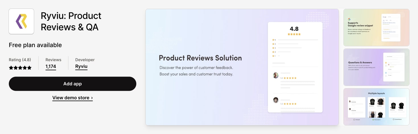 Rivyo Shopify App Store Print Screen as one of the Best Review App for Shopify