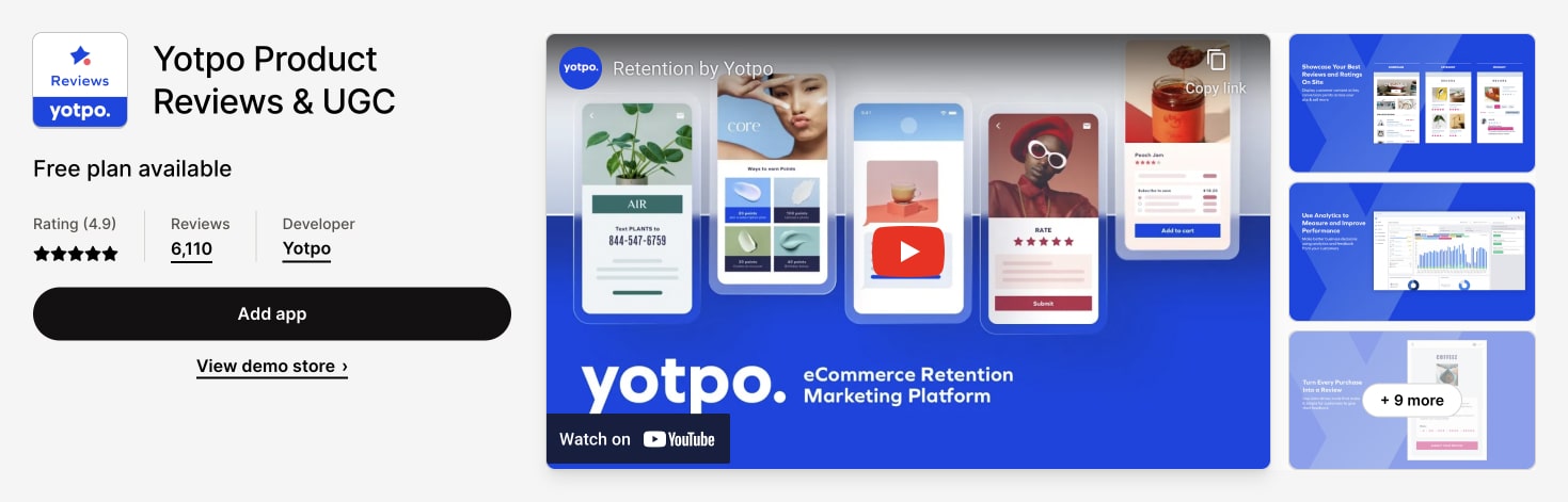 Yotpo Shopify App Store Print Screen as one of the Best Review App for Shopify