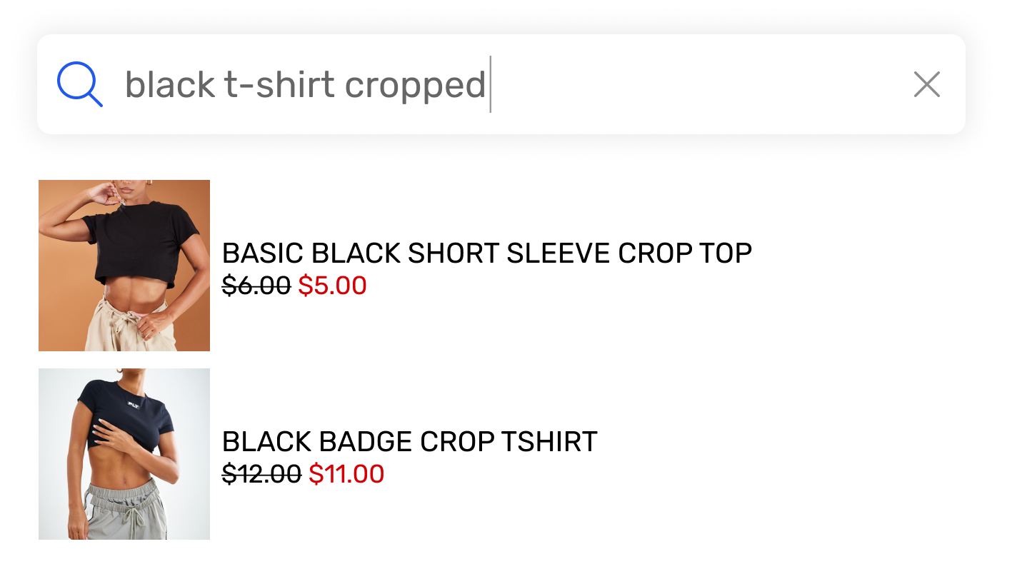 The image shows a search results page on a website, where the search term "Black" and "Cropped" has been entered. The layout displays products that meet both criteria, such as a black cropped t-shirt and black cropped top, providing a relevant search experience for the user and potentially increasing the Shopify conversion rate