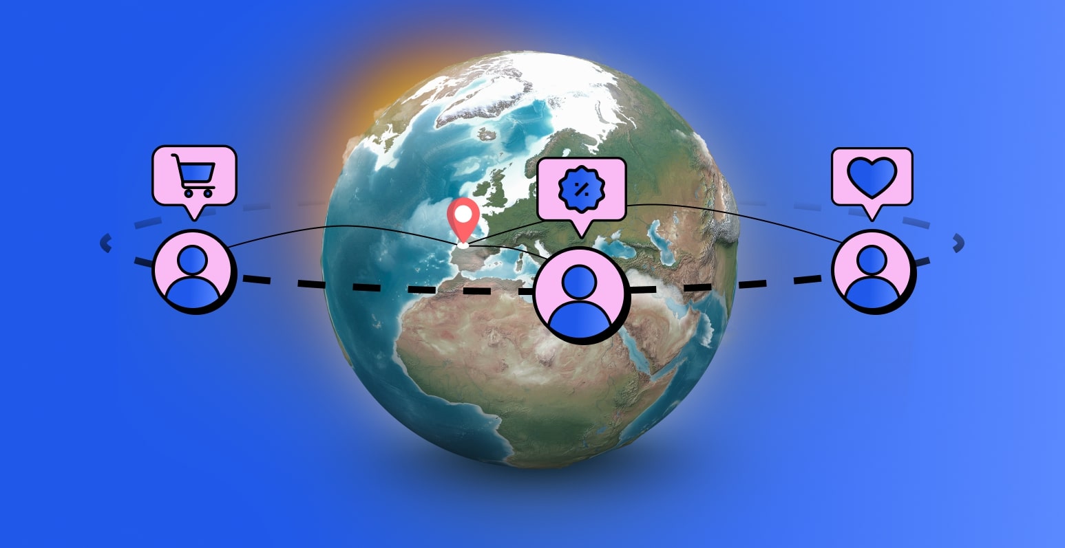 The image shows a 3D world with a geo marker indicating Porto, Portugal, where Napps is founded. Surrounding the world, there are dotted lines connecting three symbolic customers represented by speech bubbles with the following text: ‘Cart’, ‘Wishlist’, and ‘Discounts’. This image symbolizes building a community around a brand and connecting with customers worldwide