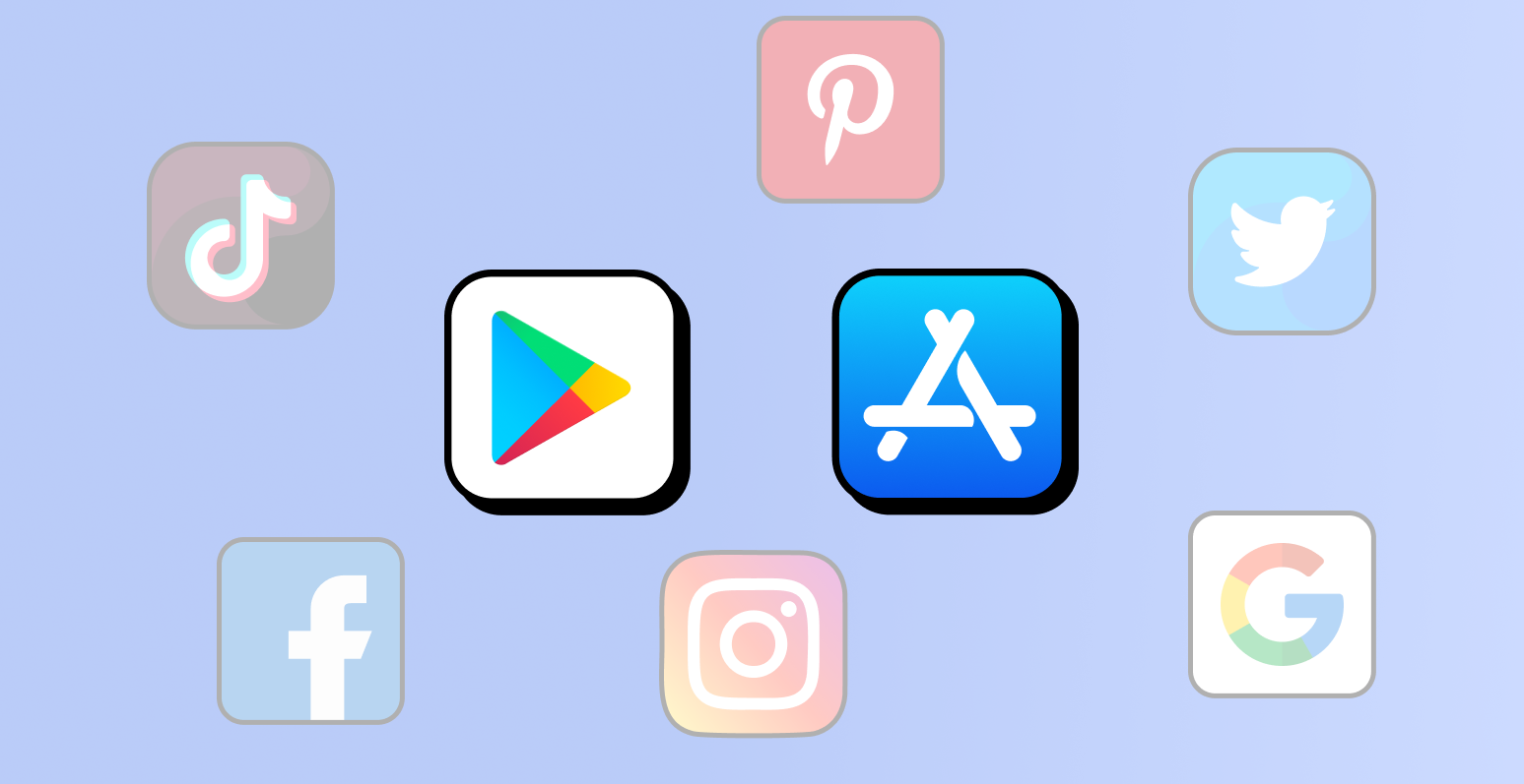 The image displays various popular mobile apps, such as Facebook and Pinterest, positioned randomly around the image. In the center, larger compared to the others, are the logos for the App Store and Google Play Store. This image intends to demonstrate that by turning your Shopify store into a mobile app your brand will be in the company of some of the world's largest and most popular brands, and you can benefit from increased visibility and credibility
