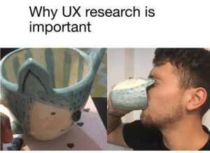 Two images showing a mug with a face design on the left, and a person drinking from the mug on the right. The design of the mug causes the ears to cover the eyes while drinking, resulting in a poor user experience