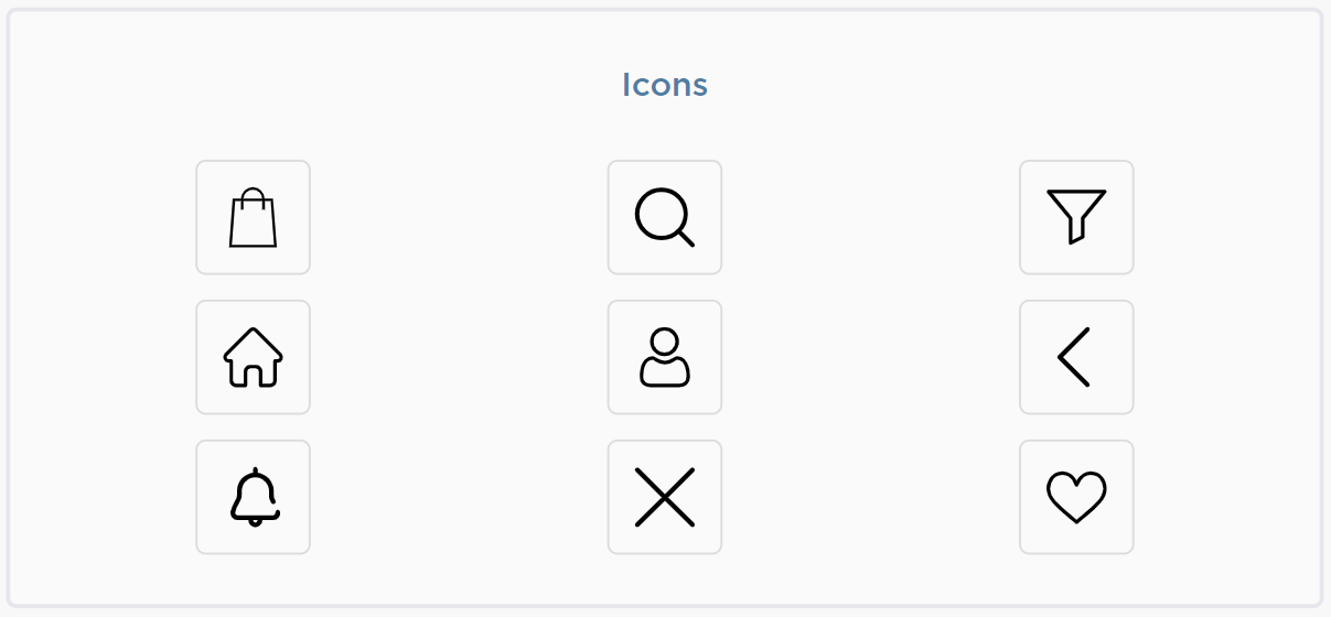 Print screen of Napps icon picker with all different icons is possible to choose for your mobile app. The options are: home, search, wishlist, profile, cart, go back, close and filter