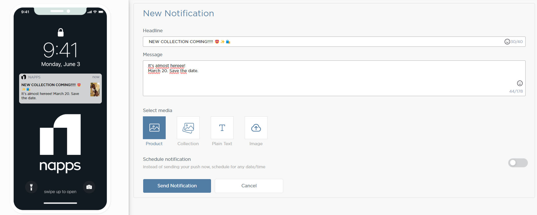 This screenshot shows the Napps dashboard section for sending push notifications. There are three input fields filled in with the title, message, and media for the notifications, respectively. On the left side of the screen, there is a phone displaying a preview of the notifications.